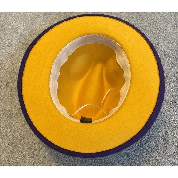 Purple Classic Fedora Hat Felt Panama Classic Jazz Cap, Wide Yellow Brim Unisex - Picture 4 of 12